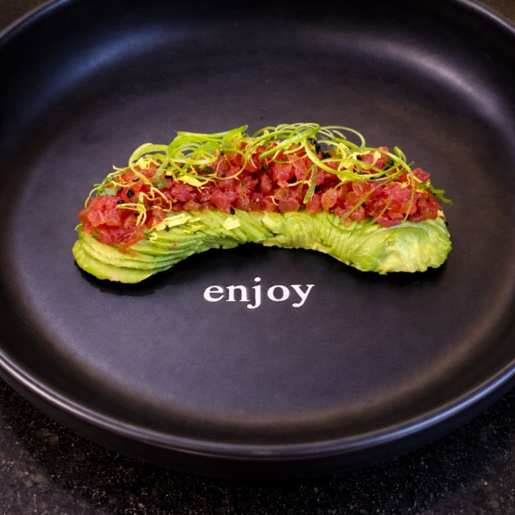 Avocado Fan Tartare with Truffle Soy Emulsion